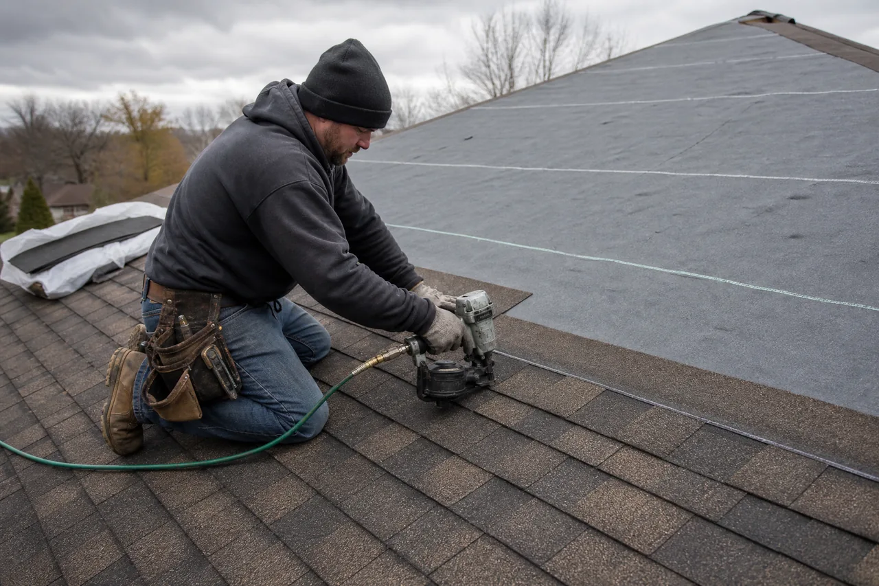Architectural asphalt shingles being installed on an Aurora Illinois roof