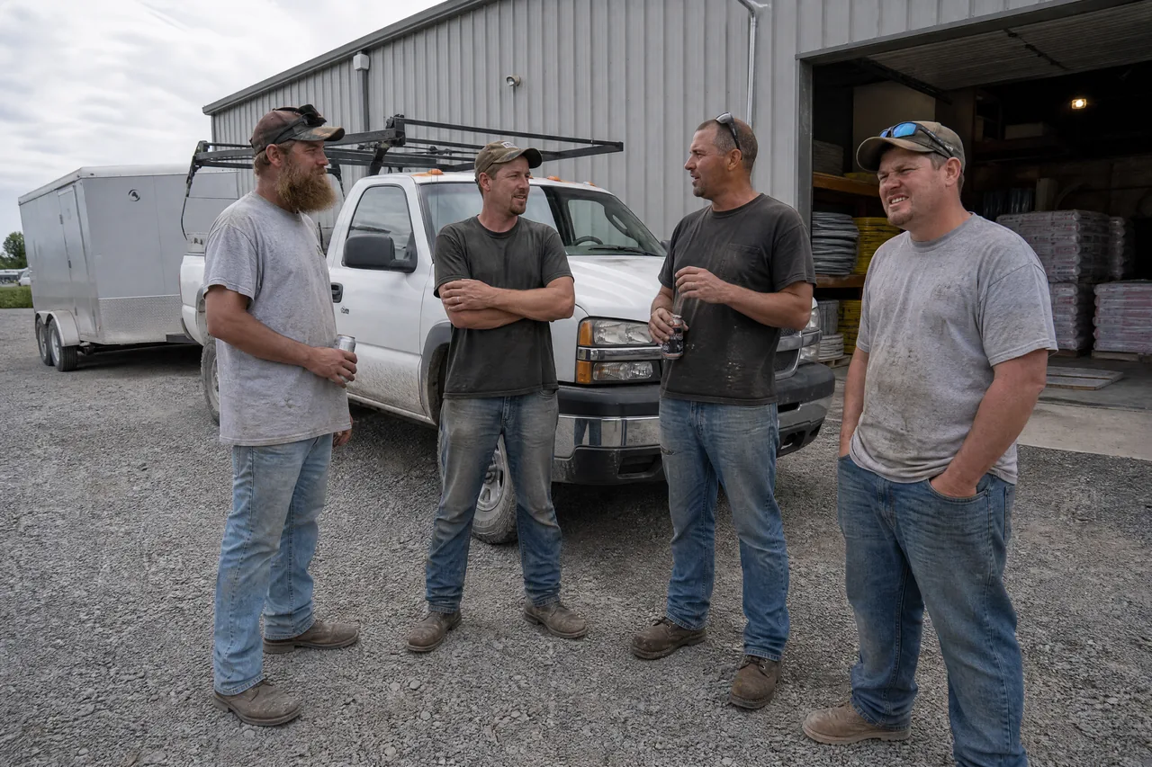 Aurora Roofing Company crew and truck outside the shop in Aurora IL