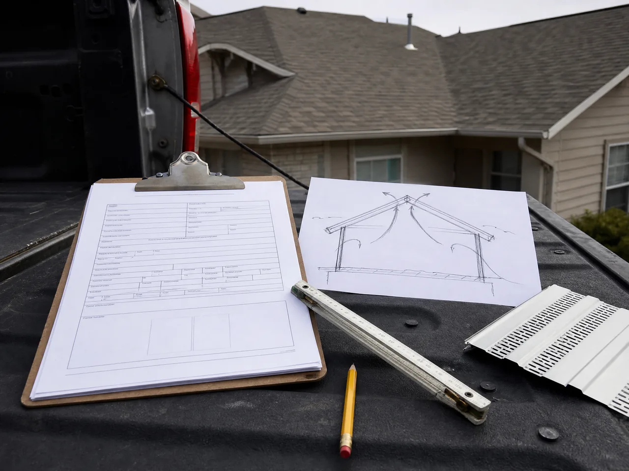 Aurora roofing permit form and a hand-drawn attic ventilation diagram on a clipboard