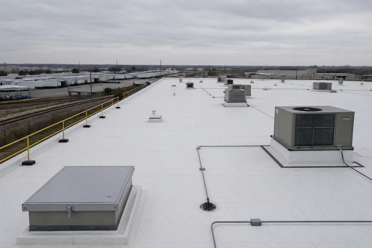 Commercial TPO roof installation on an industrial building in Aurora Illinois