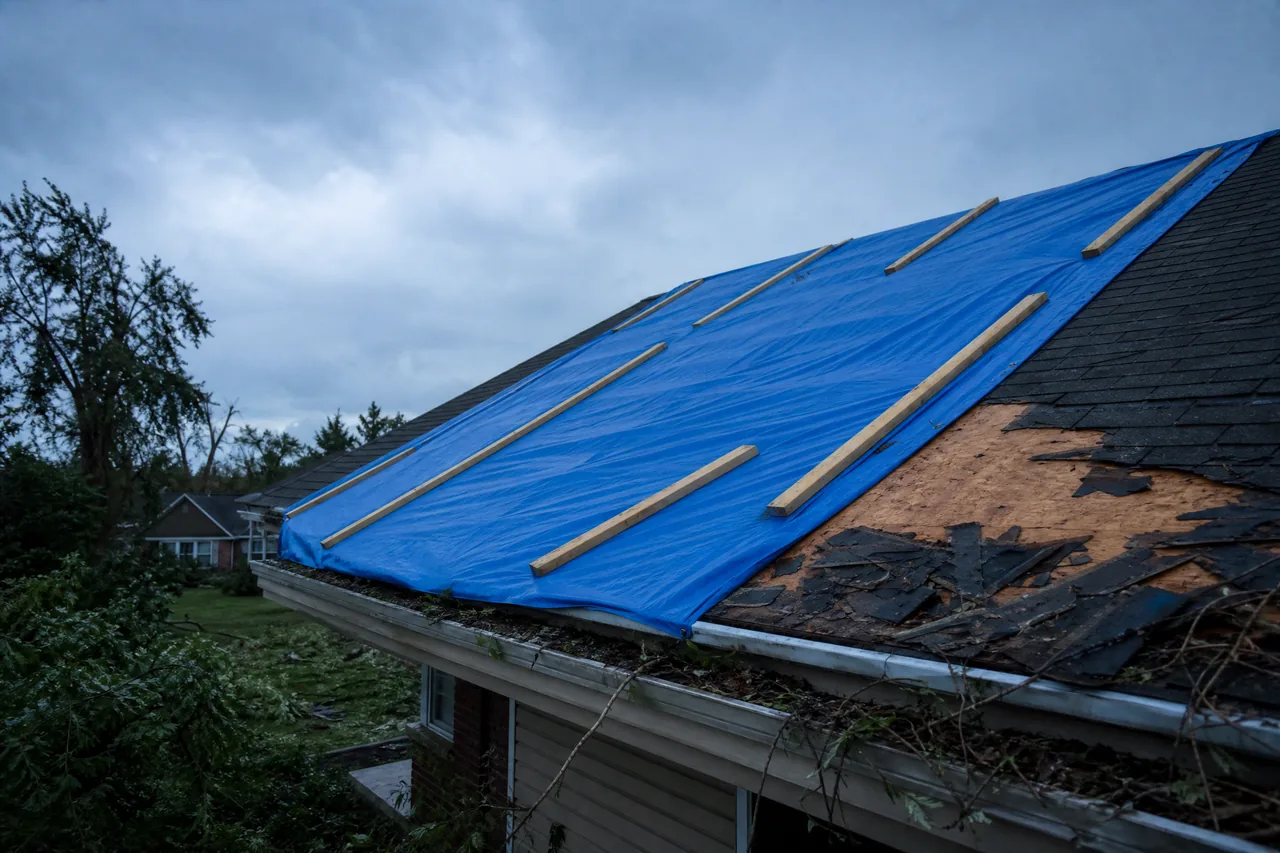 Emergency tarp secured over storm-damaged roof section in Aurora IL