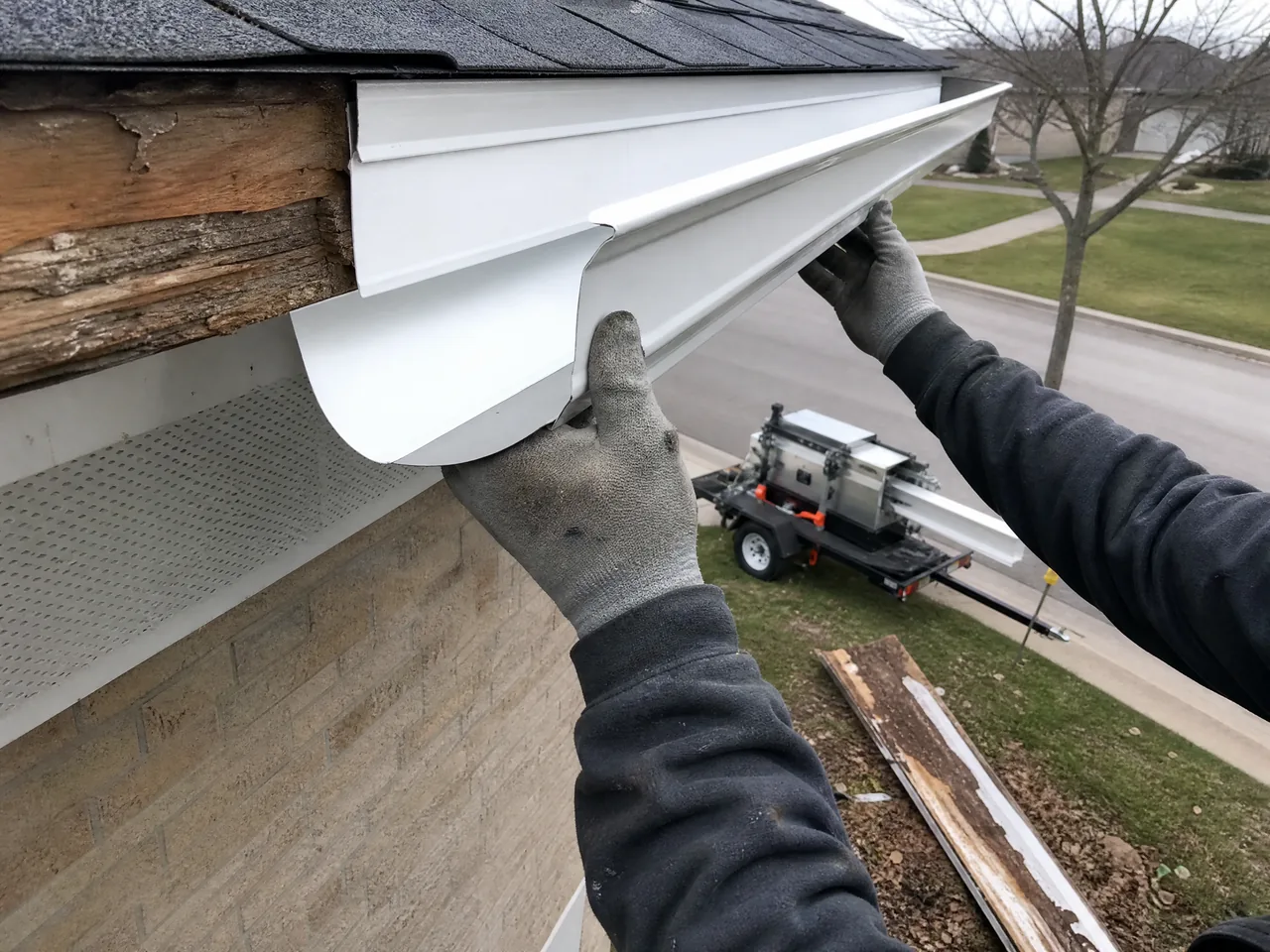 Seamless aluminium gutter and fascia replacement on an Aurora IL home
