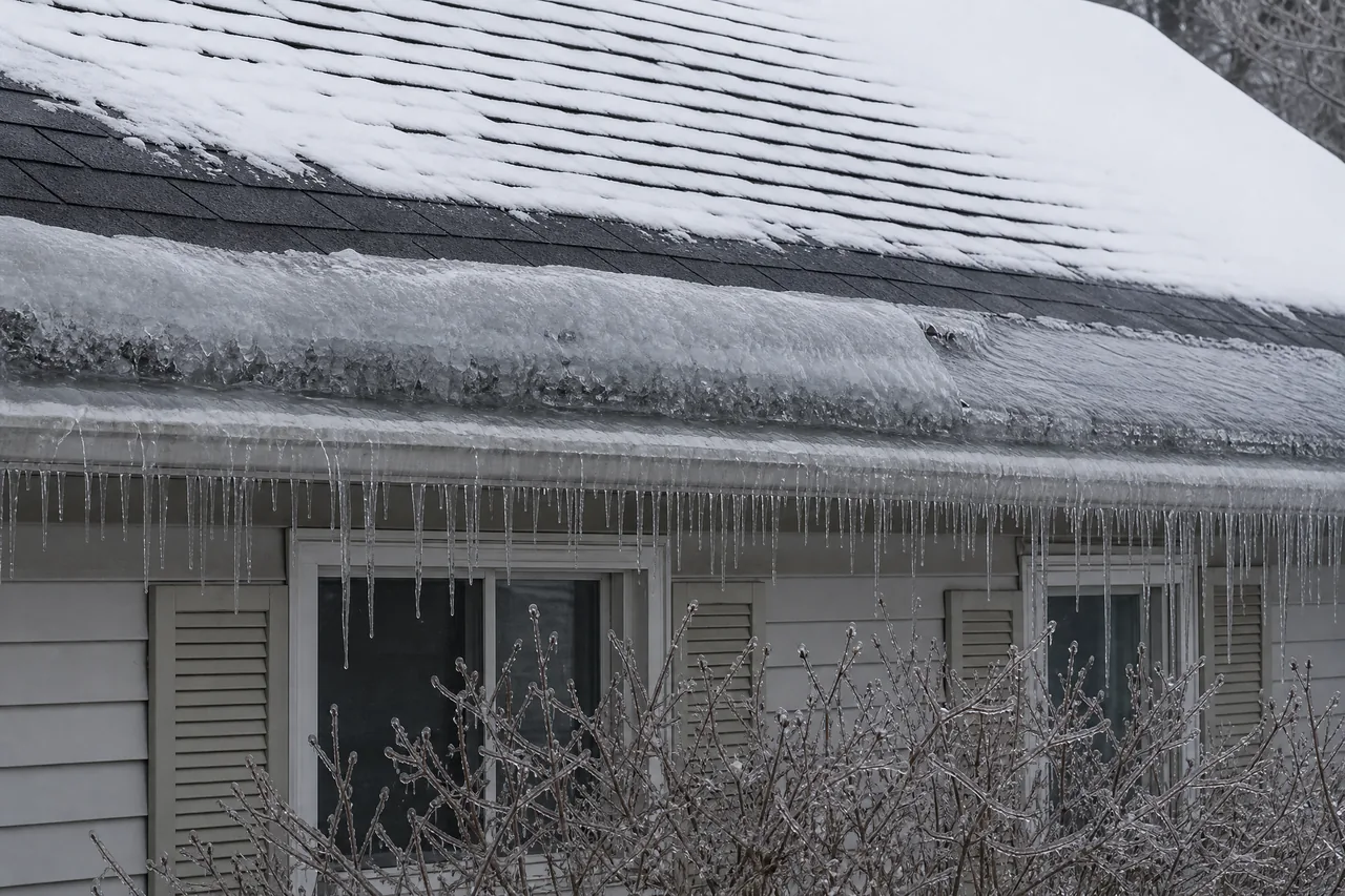 Ice dam and icicles along the eave of a home in Aurora Illinois in winter