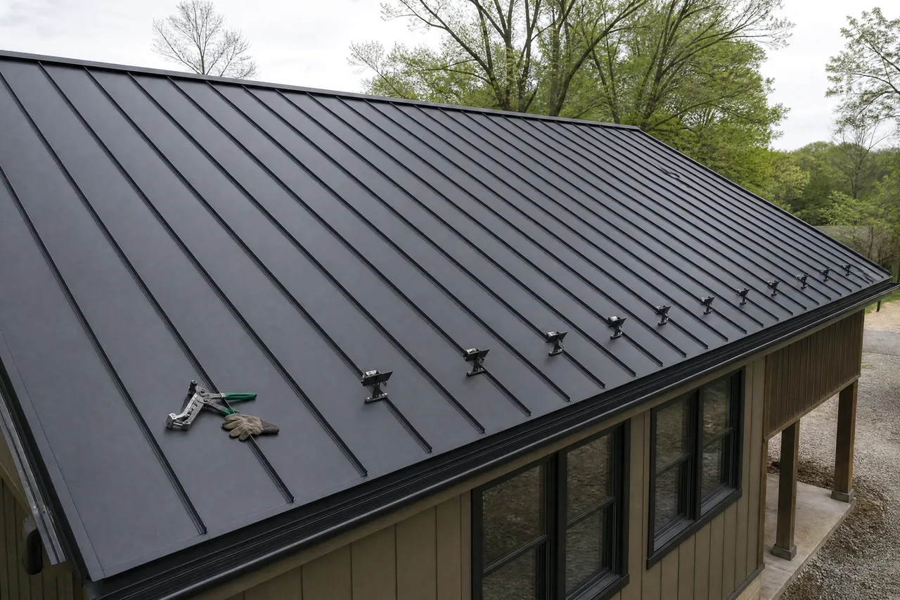 Standing seam metal roof panels installed on a home near Aurora Illinois