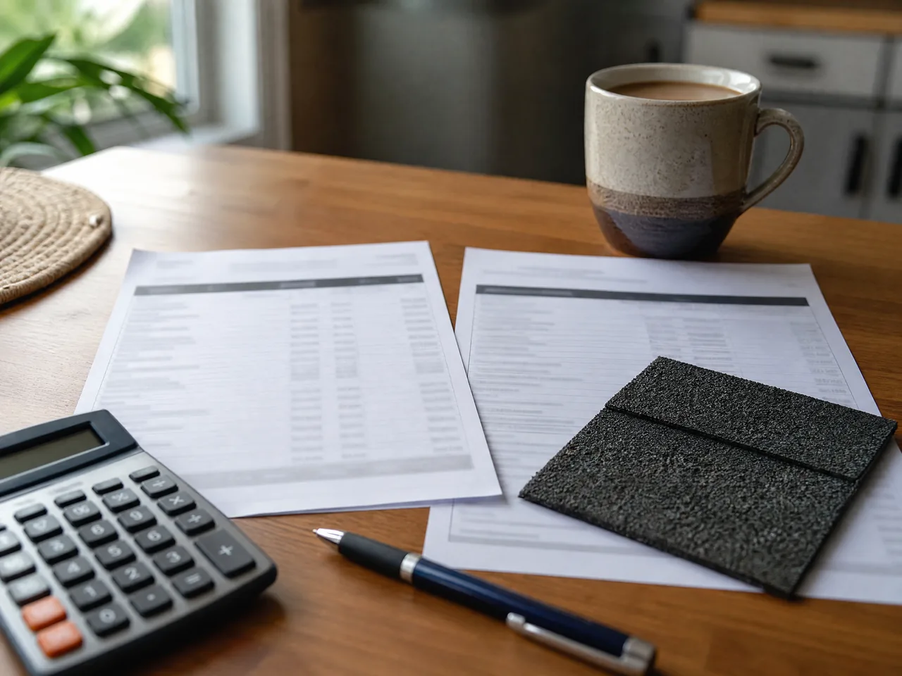 Two roofing estimates side by side on a kitchen table with a calculator and a shingle sample