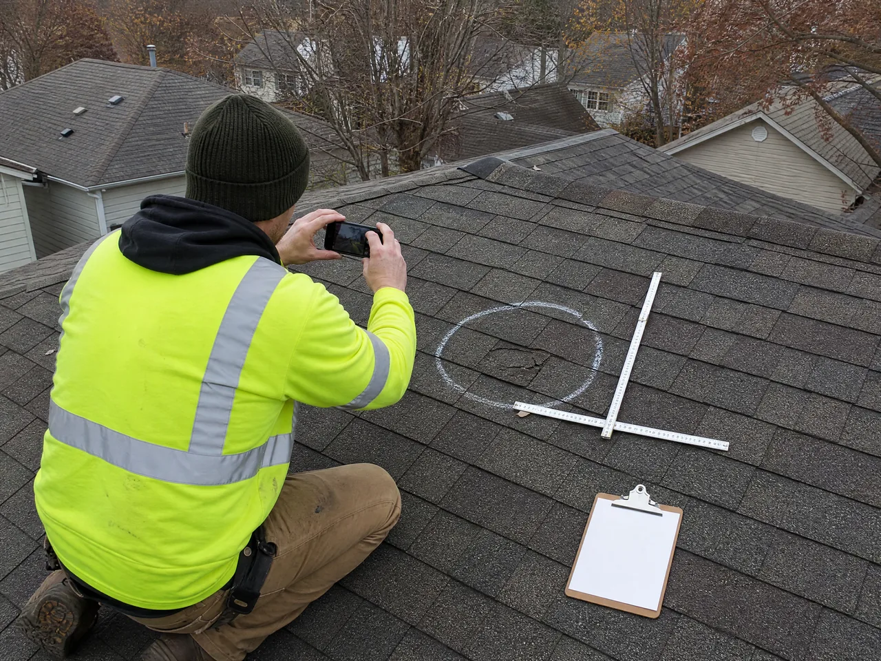 Roofer photographing shingle condition during a roof inspection in Aurora IL