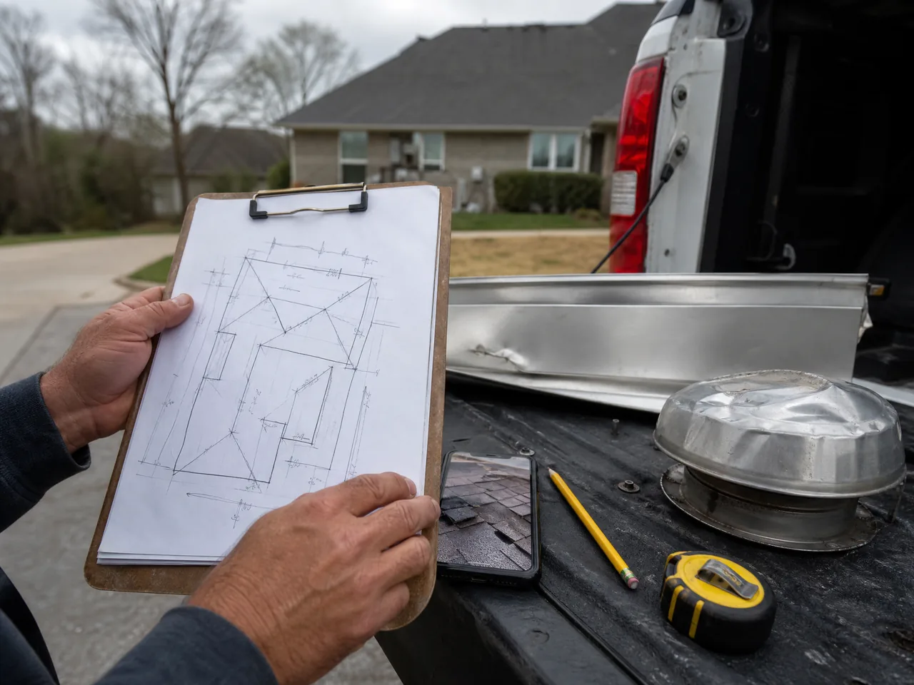 Roofer documenting storm damage with measurements and photographs for an insurance claim in Aurora IL