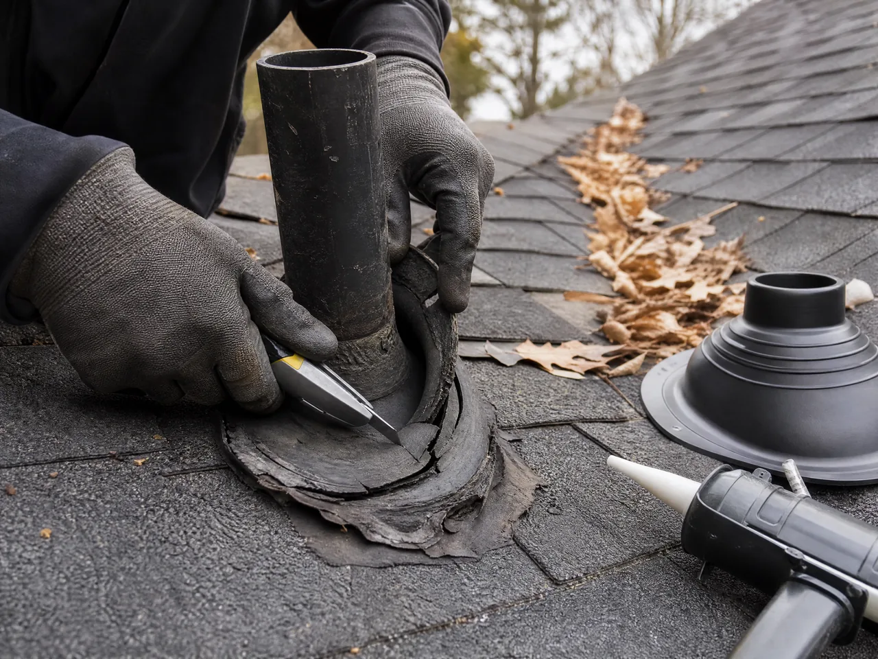 Roofer renewing sealant around a pipe boot during roof maintenance in Aurora IL