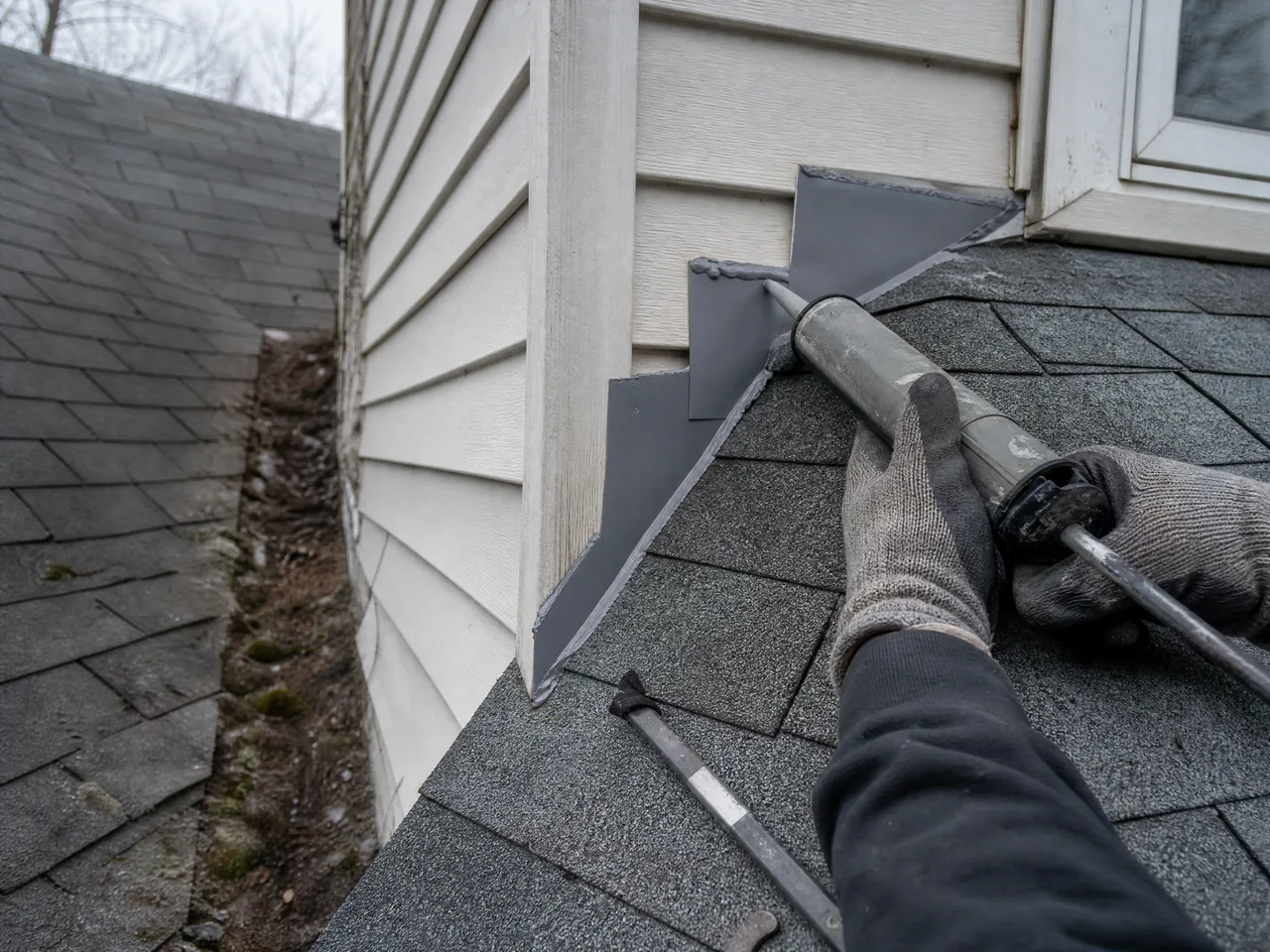 Roofer sealing a valley flashing during a roof repair in Aurora IL