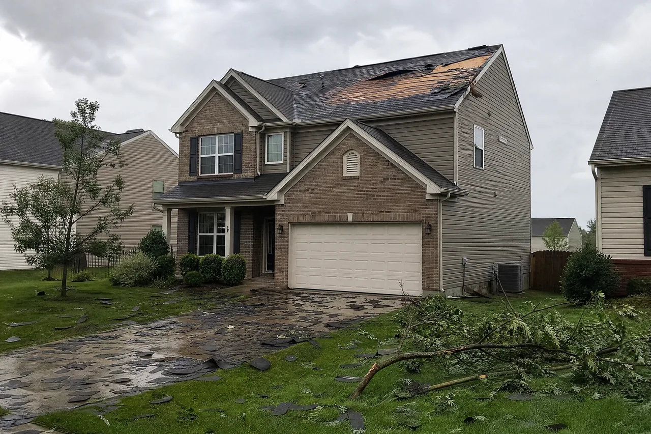 Storm damaged roof with shingles torn away and debris on the lawn in Oswego IL