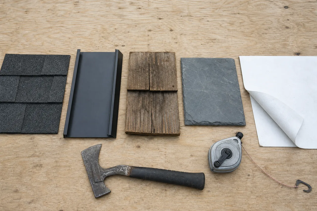 Roofing material samples laid out on roof decking: asphalt shingle, standing seam metal, cedar shake, slate and TPO membrane