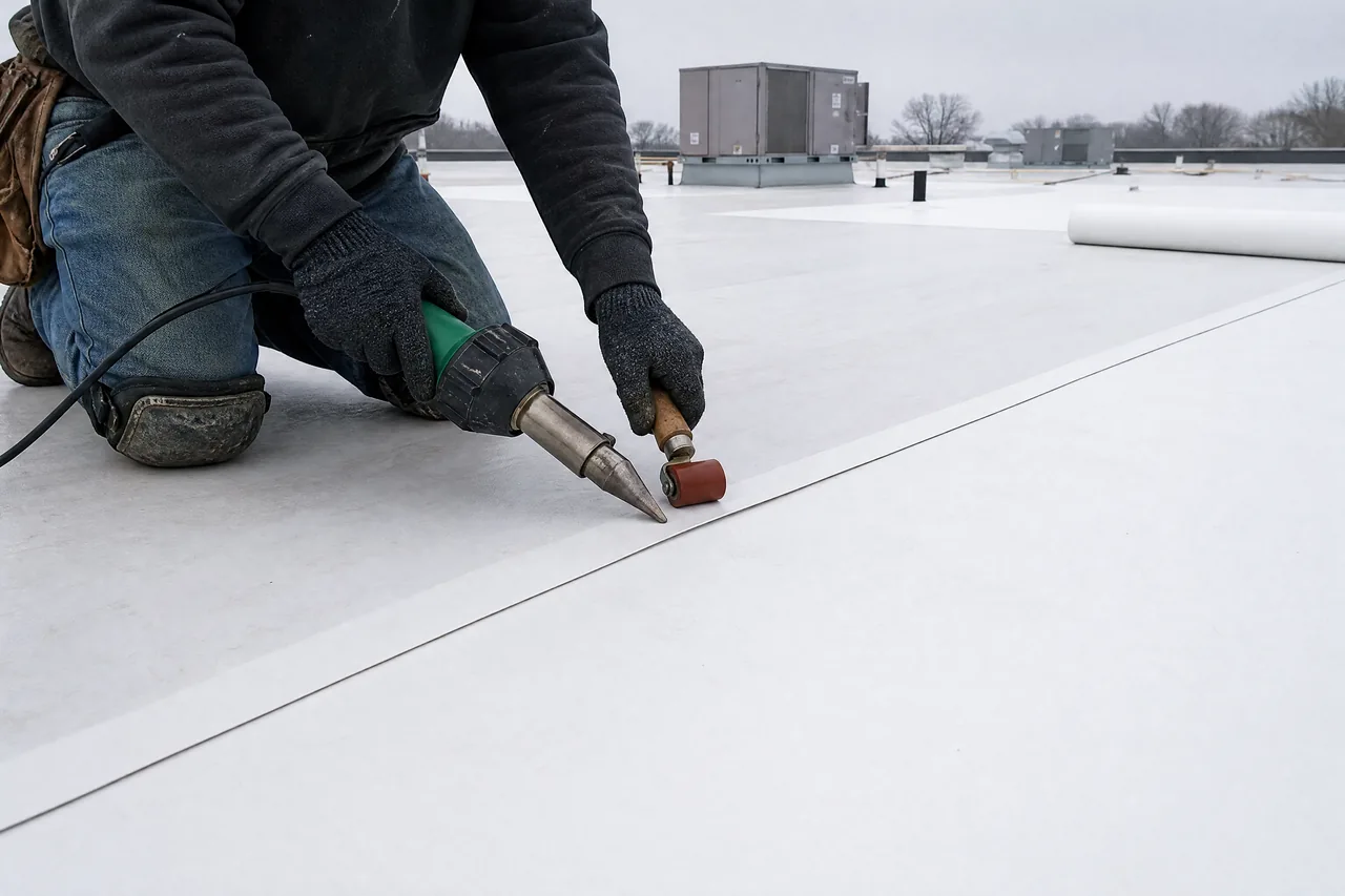 White TPO single-ply membrane being heat-welded on a flat roof in Aurora Illinois